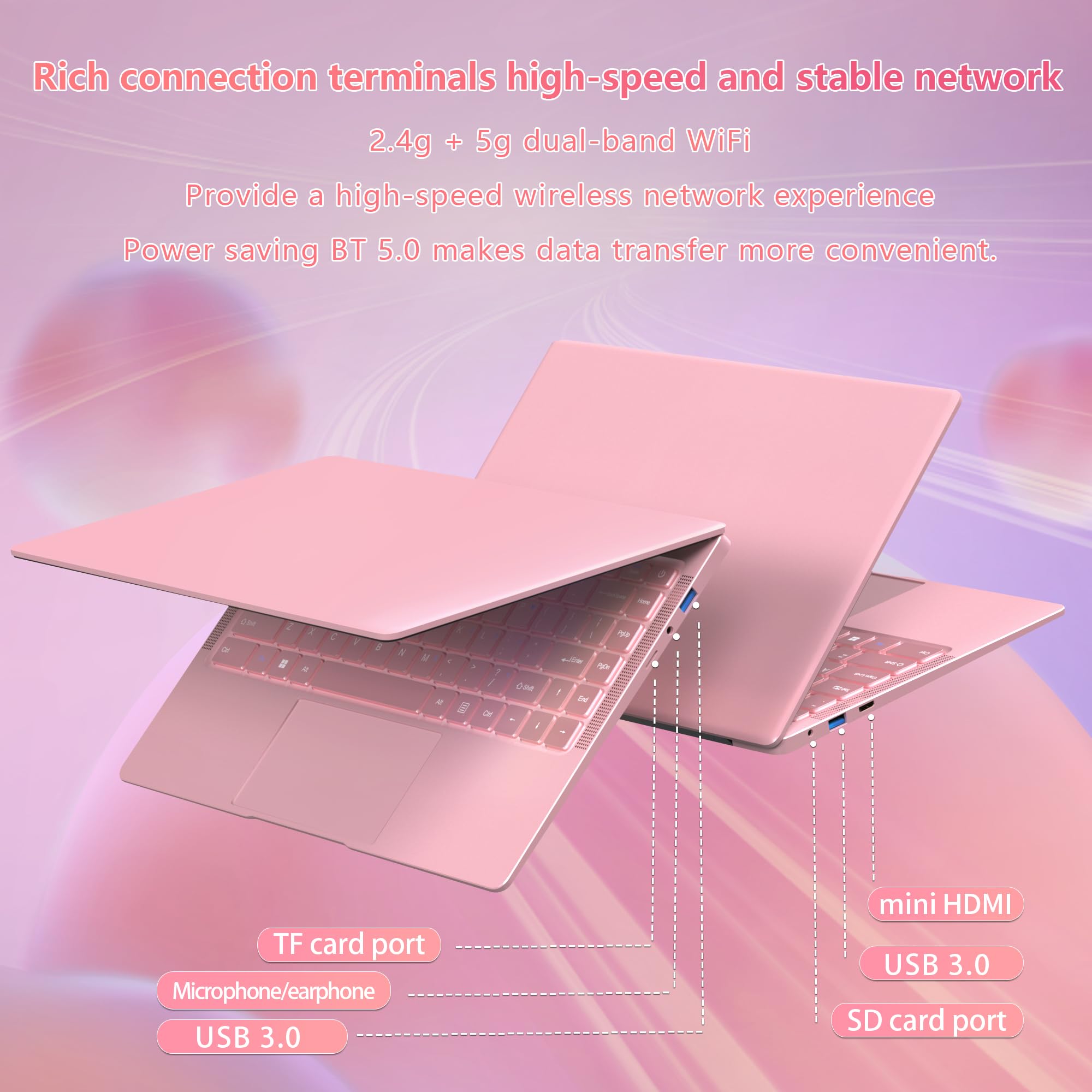 Pink Laptop 14'' FHD IPS Display Ultra-Thin Notebook Win 11 MS